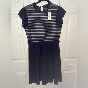 Ann Taylor Smocked Fit and Flare Navy Dress